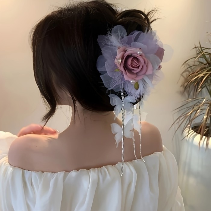 Elegant Large Hair Claw with Floral & Feather Tassels - Vintage-Inspired, Light Purple\u002FPink, Perfect for Daily Wear & Parties