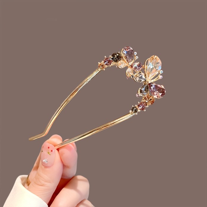 1pc Vintage Style Golden Zinc Alloy Butterfly Hairpin with Rhinestones, U-Shaped Hair Stick for Elegant Updo Bun, Fashionable Hair Accessory for Women