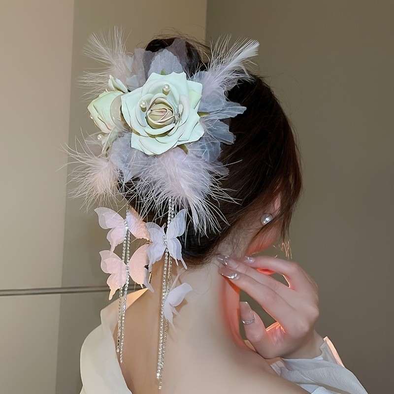 Elegant Large Hair Claw with Floral & Feather Tassels - Vintage-Inspired, Light Purple\u002FPink, Perfect for Daily Wear & Parties