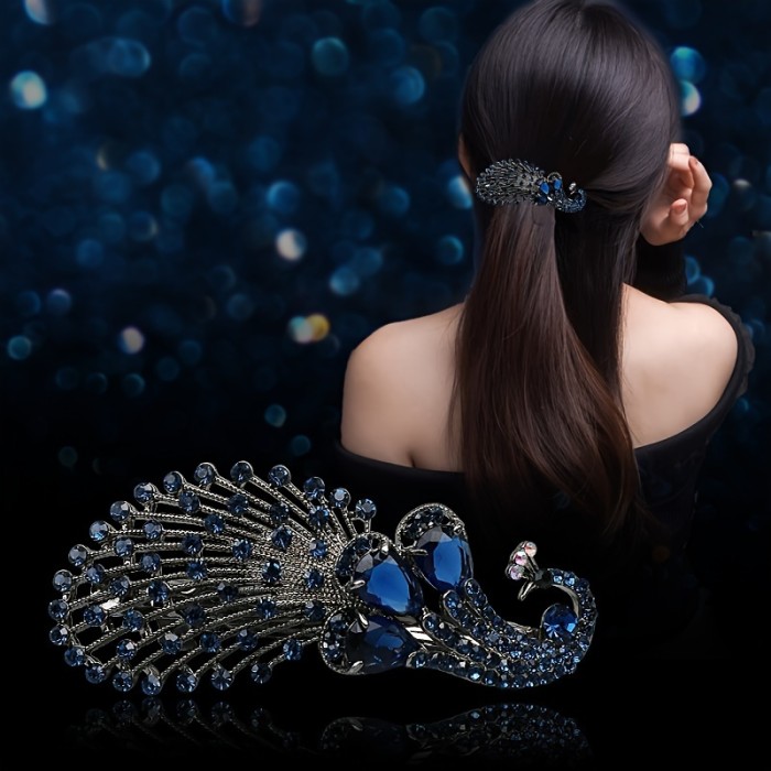 Boho-Chic Peacock Hair Clip - Vintage Alloy Barrette with Rhinestone Accents, Perfect for Women & Girls