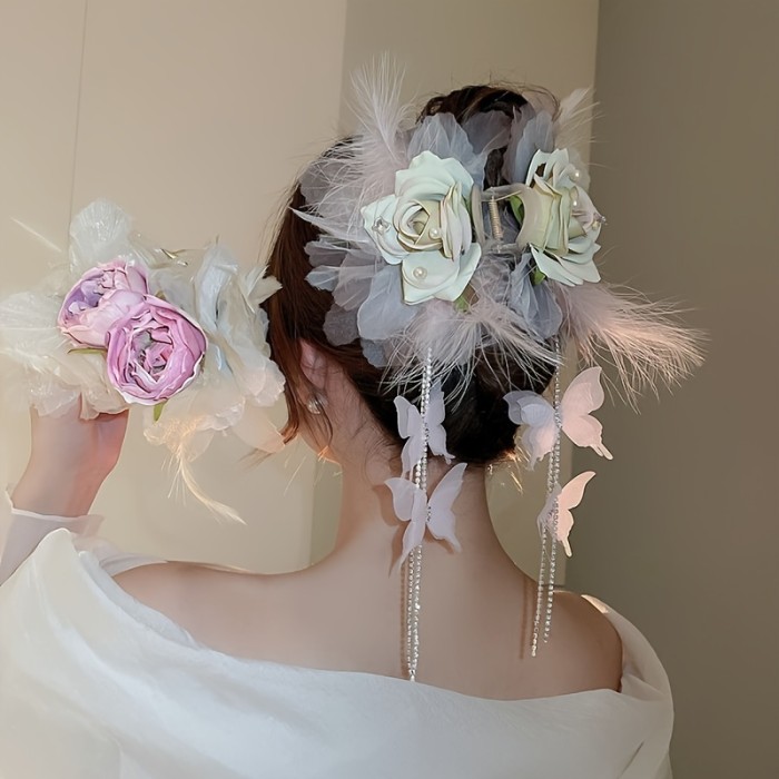 Elegant Large Hair Claw with Floral & Feather Tassels - Vintage-Inspired, Light Purple\u002FPink, Perfect for Daily Wear & Parties
