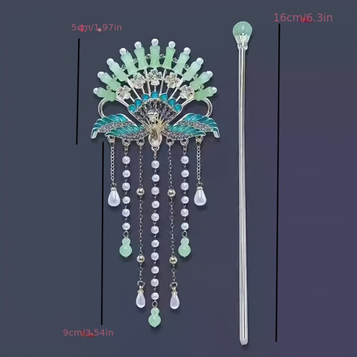 Elegant Vintage-Inspired Peacock Hairpin with Imitation Jade & Tassel - Zinc Alloy, Twist\u002FHollow Design for Cheongsam & Traditional Dress Accessories