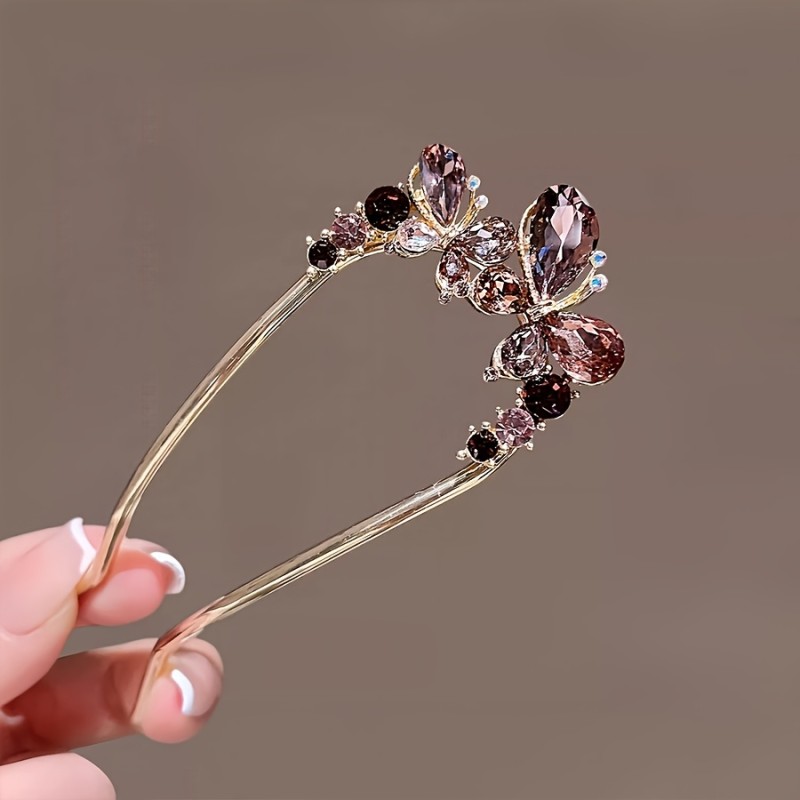 1pc Vintage Style Golden Zinc Alloy Butterfly Hairpin with Rhinestones, U-Shaped Hair Stick for Elegant Updo Bun, Fashionable Hair Accessory for Women