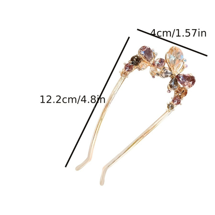 1pc Vintage Style Golden Zinc Alloy Butterfly Hairpin with Rhinestones, U-Shaped Hair Stick for Elegant Updo Bun, Fashionable Hair Accessory for Women
