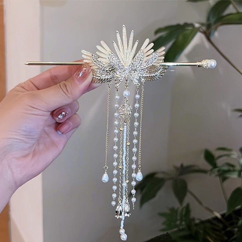 Elegant Vintage Pearl Tassel Wing Hairpin - Golden-Toned Zinc Alloy, Intricate Feather Design with Beaded Detail, Ideal for Girls' Updos & Stylish Hair Accessories