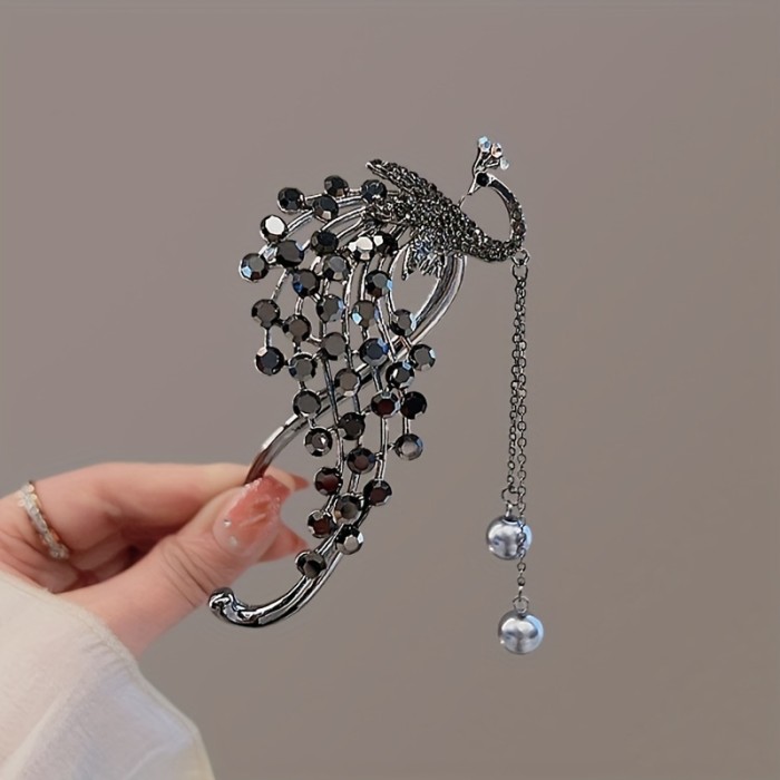 1pc Elegant Oval Alloy Hair Clip with Tassel, Peacock Diamond Embellished Fashion Hair Accessory for Women, Color Matching, Ideal for Valentine'S Day Gift