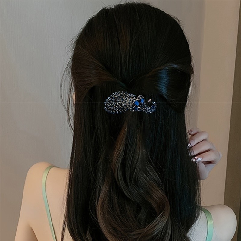Boho-Chic Peacock Hair Clip - Vintage Alloy Barrette with Rhinestone Accents, Perfect for Women & Girls