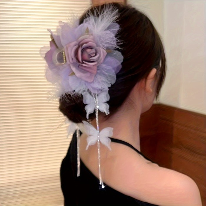 Elegant Large Hair Claw with Floral & Feather Tassels - Vintage-Inspired, Light Purple\u002FPink, Perfect for Daily Wear & Parties
