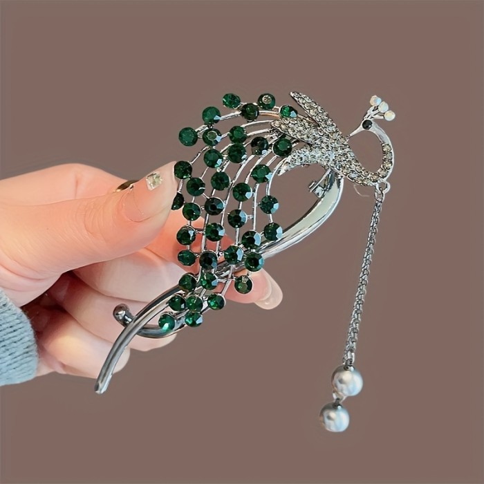 1pc Elegant Oval Alloy Hair Clip with Tassel, Peacock Diamond Embellished Fashion Hair Accessory for Women, Color Matching, Ideal for Valentine'S Day Gift