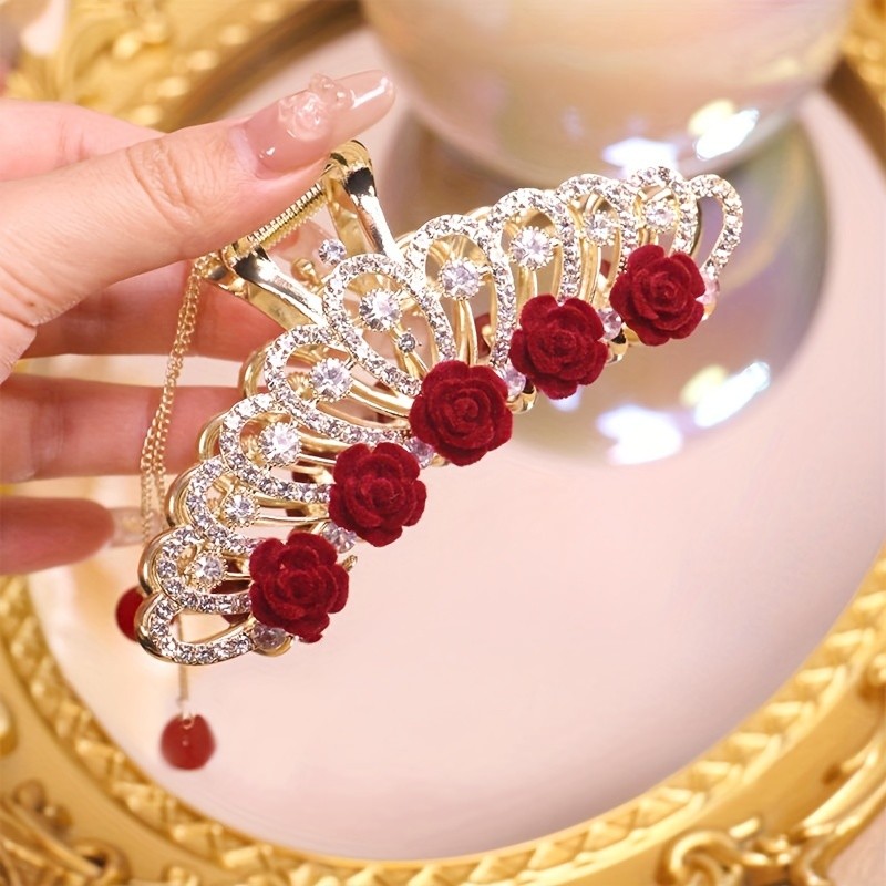 Elegant Vintage-Inspired Rose and Rhinestone Crown Hair Clip with Velvet Touch - Zinc Alloy, Red & Clear Gemstone Floral Hair Accessory for Women