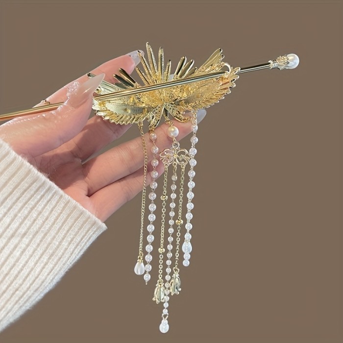 Elegant Vintage Pearl Tassel Wing Hairpin - Golden-Toned Zinc Alloy, Intricate Feather Design with Beaded Detail, Ideal for Girls' Updos & Stylish Hair Accessories