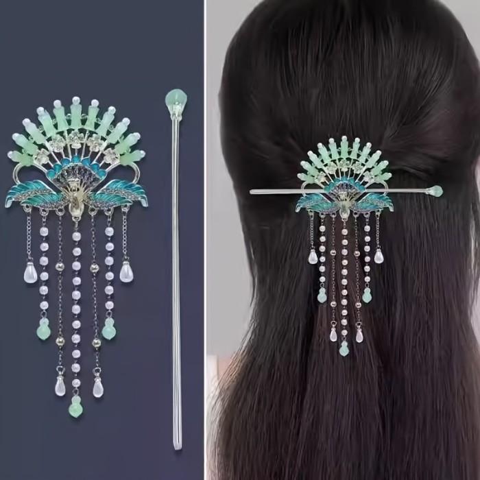 Elegant Vintage-Inspired Peacock Hairpin with Imitation Jade & Tassel - Zinc Alloy, Twist\u002FHollow Design for Cheongsam & Traditional Dress Accessories