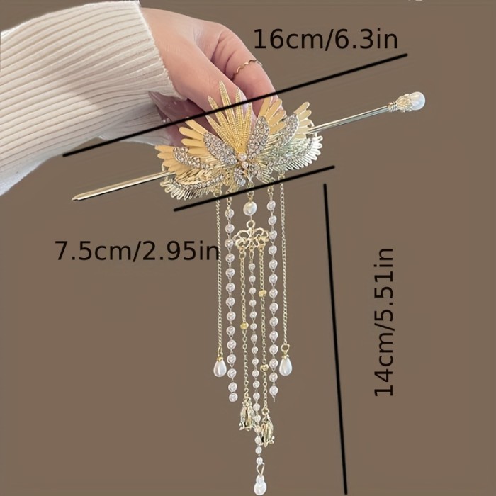 Elegant Vintage Pearl Tassel Wing Hairpin - Golden-Toned Zinc Alloy, Intricate Feather Design with Beaded Detail, Ideal for Girls' Updos & Stylish Hair Accessories