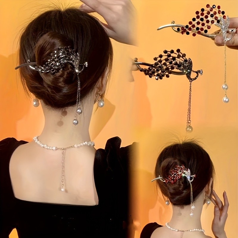 1pc Elegant Oval Alloy Hair Clip with Tassel, Peacock Diamond Embellished Fashion Hair Accessory for Women, Color Matching, Ideal for Valentine'S Day Gift