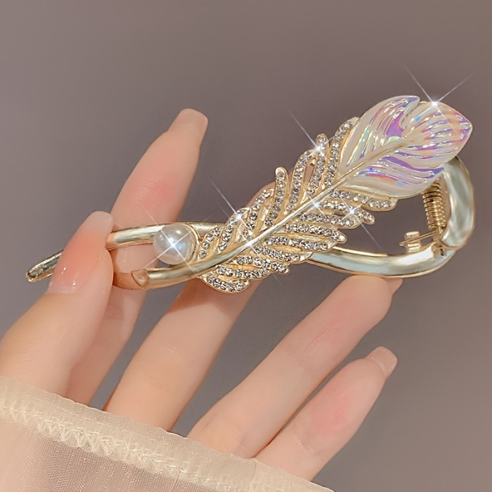 1pc Elegant Feather Hair Clip for Women, Zinc Alloy with Rhinestone Accents, Versatile Headwear, Non-Washable, for Daily Use & Special Occasions, Valentine's, Mardi Gras, Mother'S Day - Suitable for Ages 15+