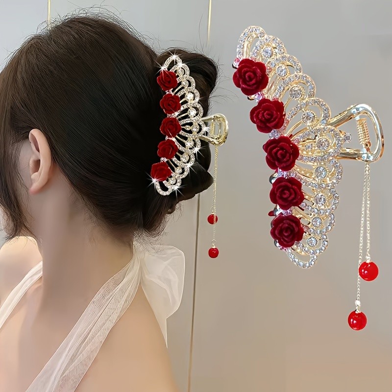 Elegant Vintage-Inspired Rose and Rhinestone Crown Hair Clip with Velvet Touch - Zinc Alloy, Red & Clear Gemstone Floral Hair Accessory for Women