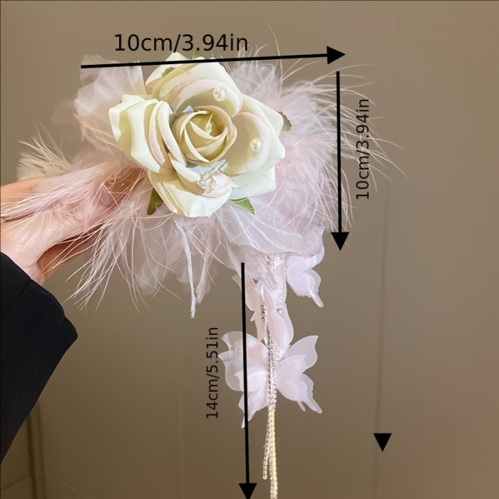 Elegant Large Hair Claw with Floral & Feather Tassels - Vintage-Inspired, Light Purple\u002FPink, Perfect for Daily Wear & Parties
