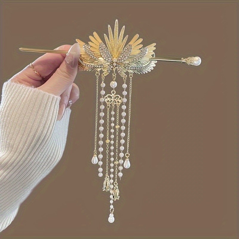 Elegant Vintage Pearl Tassel Wing Hairpin - Golden-Toned Zinc Alloy, Intricate Feather Design with Beaded Detail, Ideal for Girls' Updos & Stylish Hair Accessories