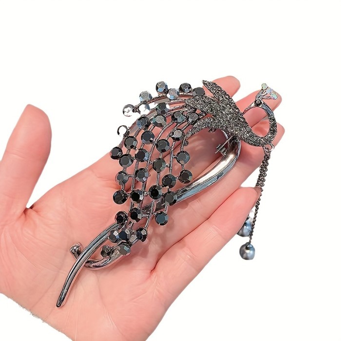 1pc Elegant Oval Alloy Hair Clip with Tassel, Peacock Diamond Embellished Fashion Hair Accessory for Women, Color Matching, Ideal for Valentine'S Day Gift