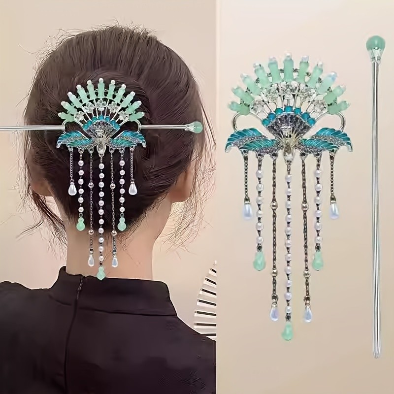 Elegant Vintage-Inspired Peacock Hairpin with Imitation Jade & Tassel - Zinc Alloy, Twist\u002FHollow Design for Cheongsam & Traditional Dress Accessories