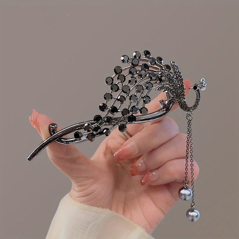 1pc Elegant Oval Alloy Hair Clip with Tassel, Peacock Diamond Embellished Fashion Hair Accessory for Women, Color Matching, Ideal for Valentine'S Day Gift