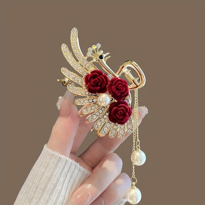 Elegant Peacock Tassel Hair Claw - Vintage-Inspired Alloy Hair Accessory for Women, Perfect for Updos & Styling