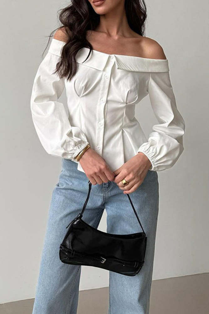 Sexy Solid Color Buttons Off Shoulder Blouses