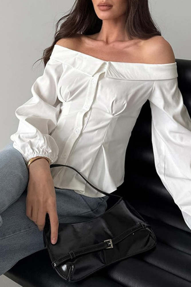 Sexy Solid Color Buttons Off Shoulder Blouses