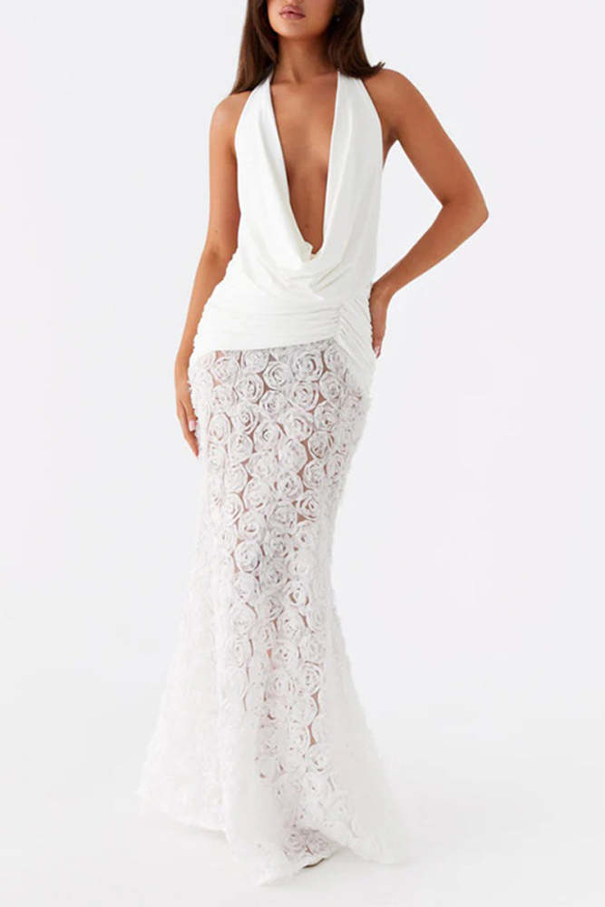Sexy Flowers Lace Up Backless Halter Long Dresses