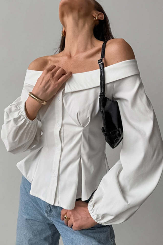 Sexy Solid Color Buttons Off Shoulder Blouses