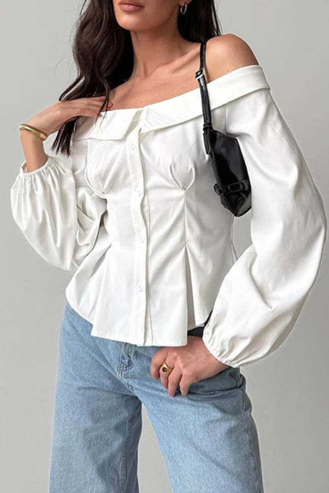 Sexy Solid Color Buttons Off Shoulder Blouses