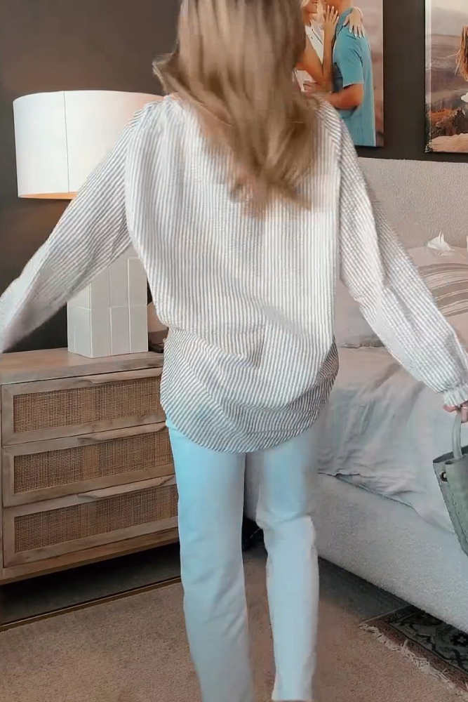 Casual Stripe Lace Up Patchwork Contrast V Neck Blouses(4 Colors)