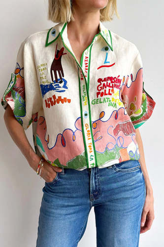 Casual Cartoon Print Buttons Contrast Turndown Collar Blouses