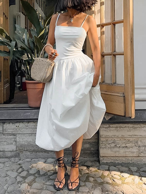 Split-Joint Solid Color Pleated Sleeveless Loose Spaghetti-Neck Midi Dresses
