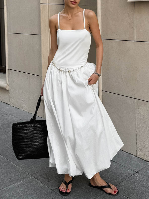 Split-Joint Solid Color Pleated Sleeveless Loose Spaghetti-Neck Midi Dresses