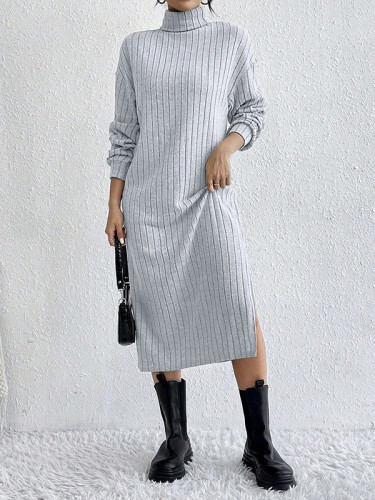 Split-Side Solid Color No Belt Loose Long Sleeves High Neck Midi Dresses