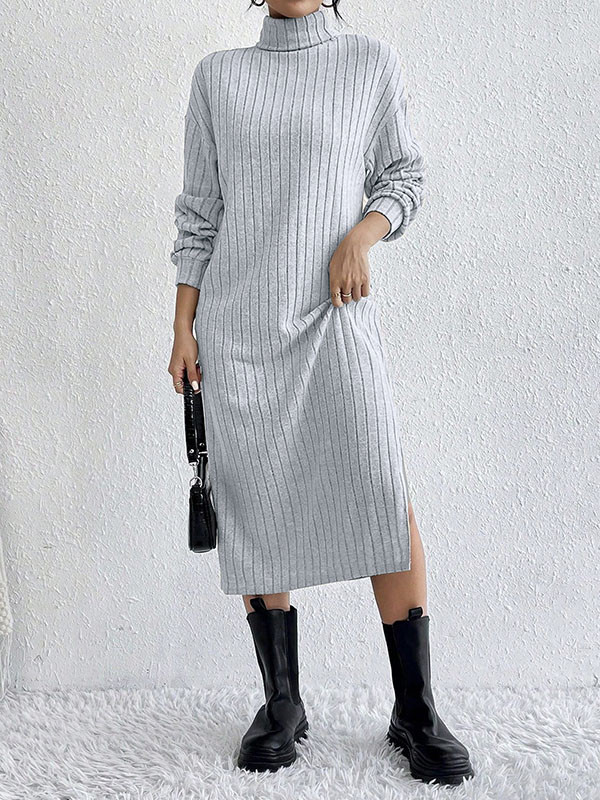 Split-Side Solid Color No Belt Loose Long Sleeves High Neck Midi Dresses