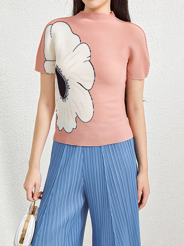 Pleated Flower Print Short Sleeves Mock Neck T-Shirts Tops