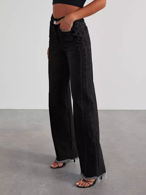 Tasseled Split-Joint Wide Leg High Waisted Jean Pants Bottoms