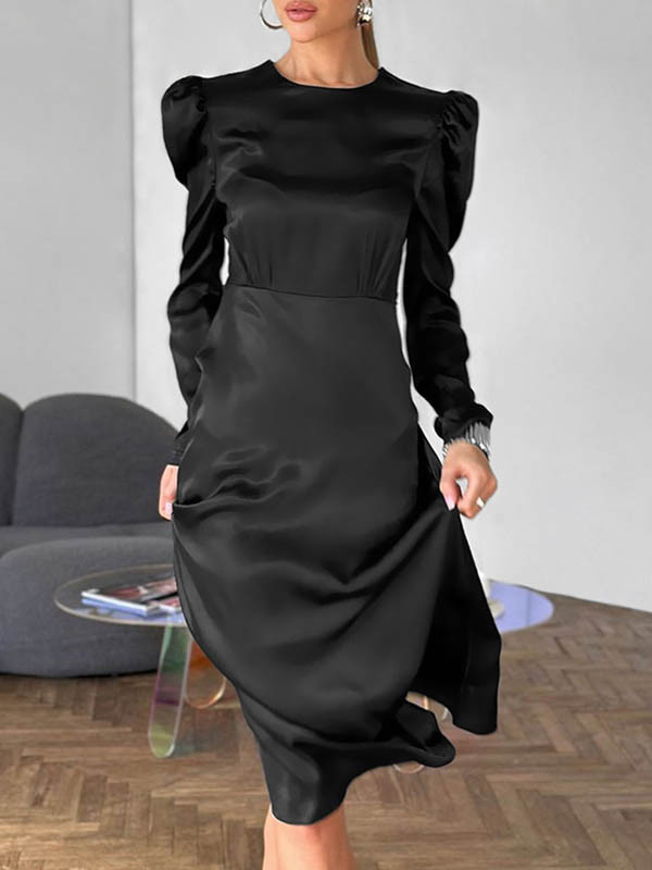 Zipper Solid Color Pleated Loose Long Sleeves Round-Neck Midi Dresses