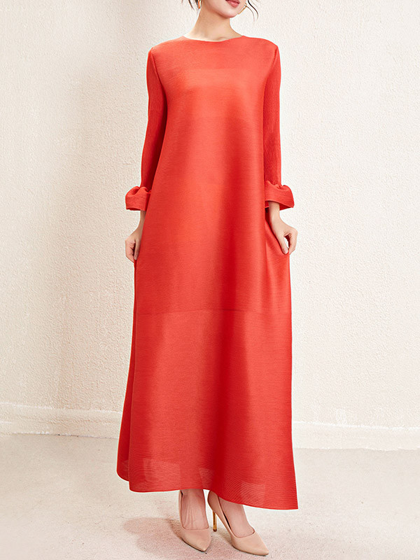 Solid Color Pleated Nine-Minute Sleeve Loose Round-Neck Maxi Dresses
