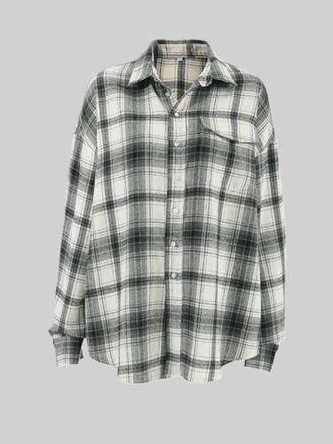 Pockets Plaid Buttoned Loose Long Sleeves Lapel Blouses&Shirts Tops