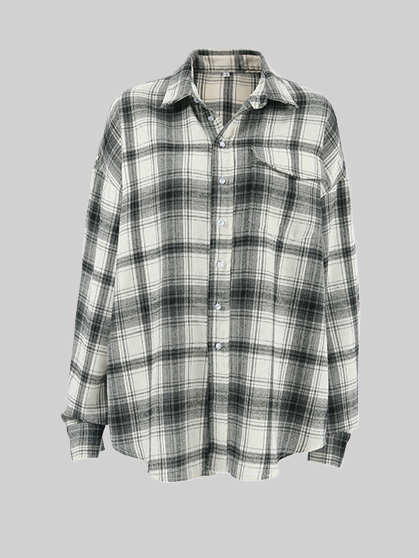 Pockets Plaid Buttoned Loose Long Sleeves Lapel Blouses&Shirts Tops