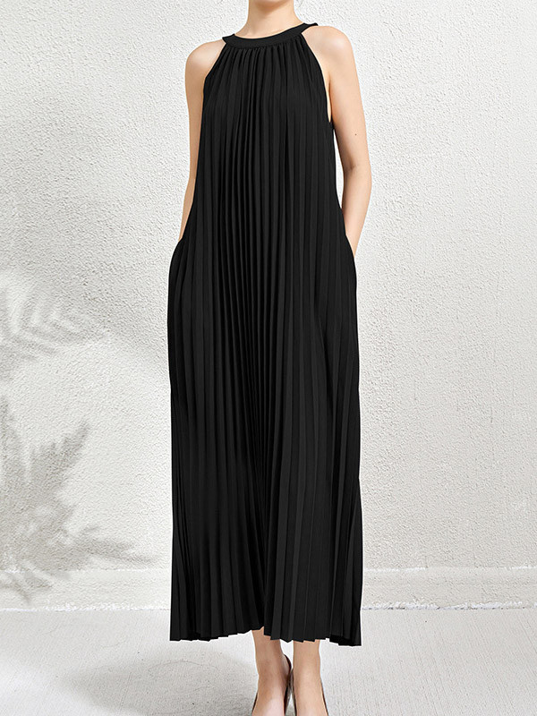 Solid Color Pockets Pleated Hollow Sleeveless Loose Halter-Neck Maxi Dresses