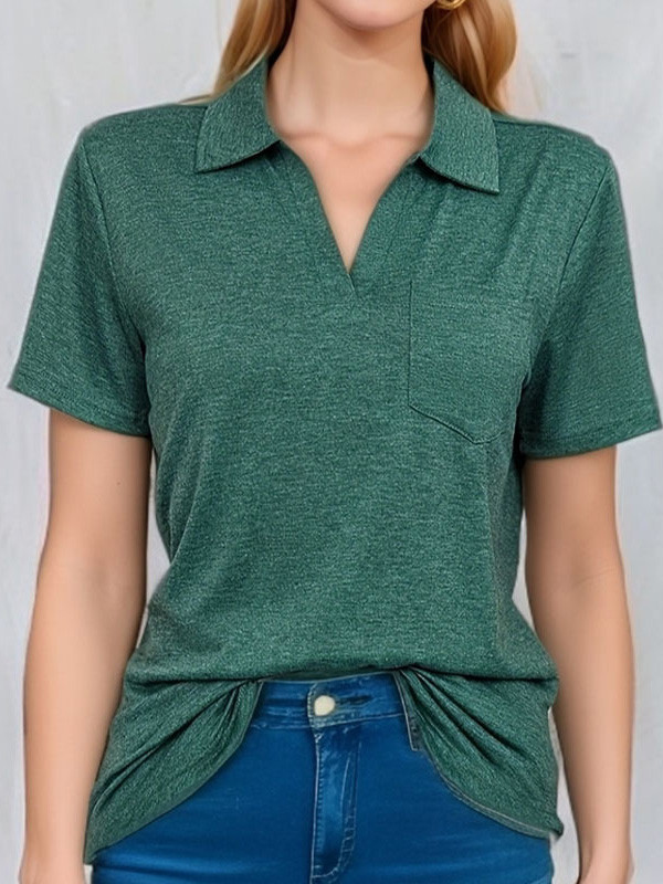Solid Color Pockets Short Sleeves Loose V-Neck T-Shirts Tops