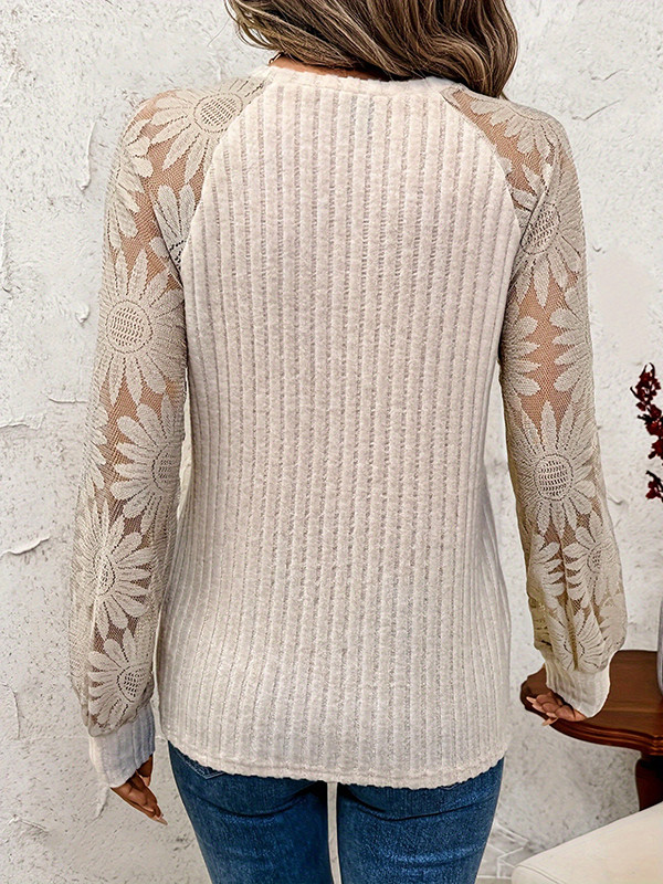 Split-Joint See-Through Loose Long Sleeves Round-Neck T-Shirts Tops