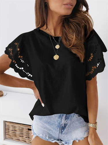 Solid Color Pleated Hollow Ruffle Sleeves Loose Round-Neck T-Shirts Tops