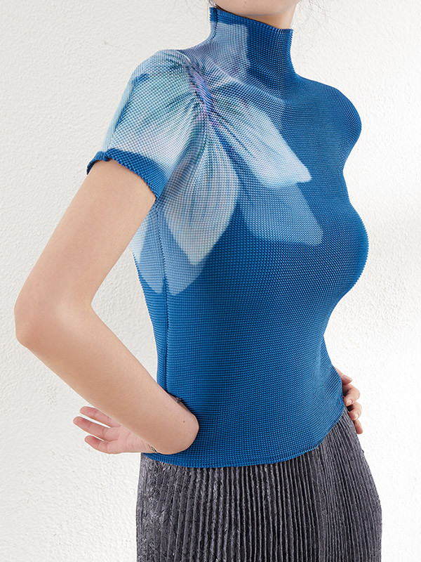 Pleated Flower Print Short Sleeves Mock Neck T-Shirts Tops