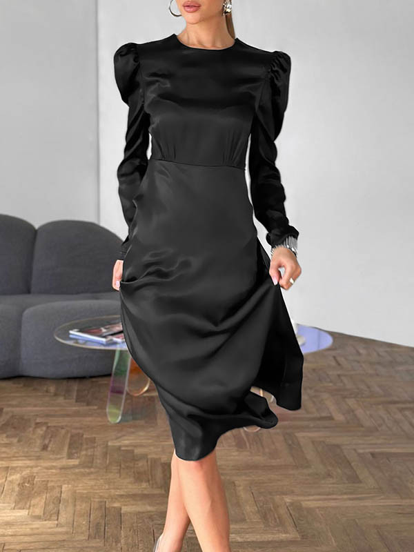 Zipper Solid Color Pleated Loose Long Sleeves Round-Neck Midi Dresses