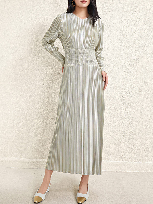Solid Color Shiny Pleated Bronzing Loose Long Sleeves Round-Neck Midi Dresses